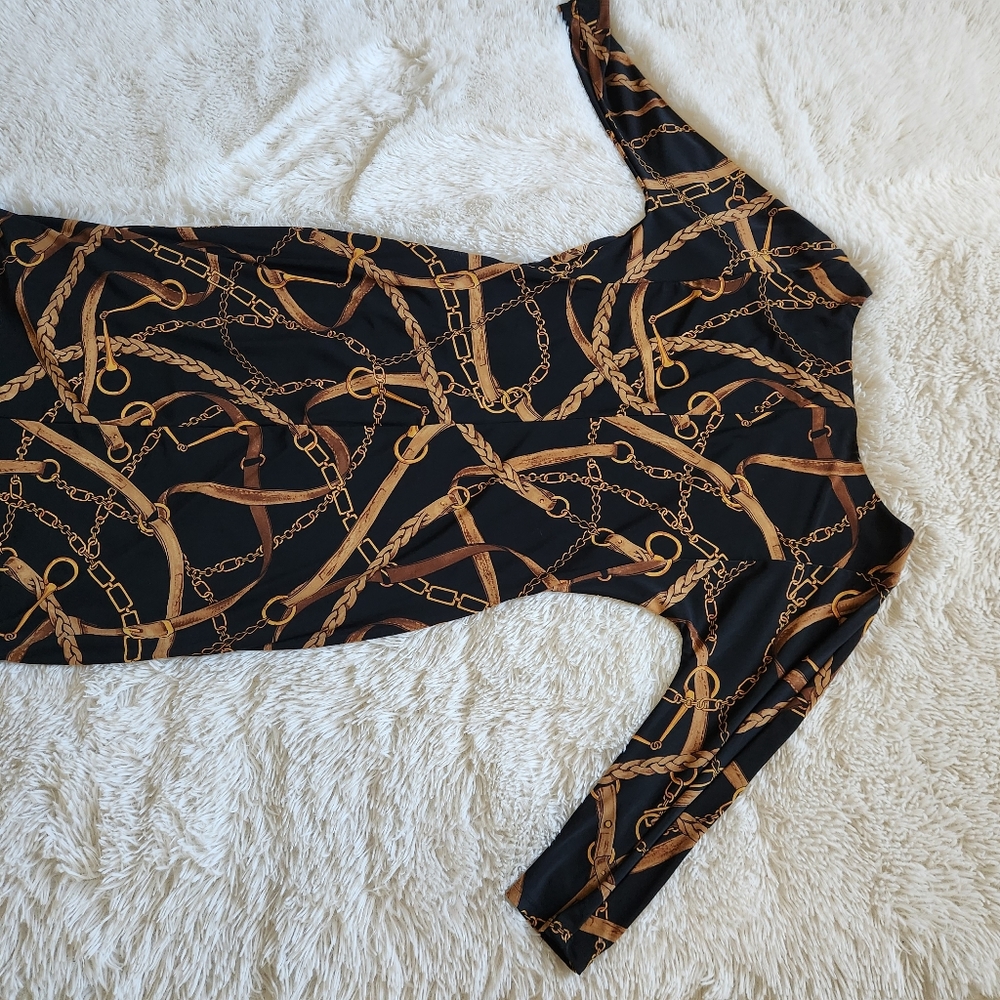 Lauren Ralph Lauren Black and Gold Chain Print Long Sleeve Dress - Picture 3 of 3